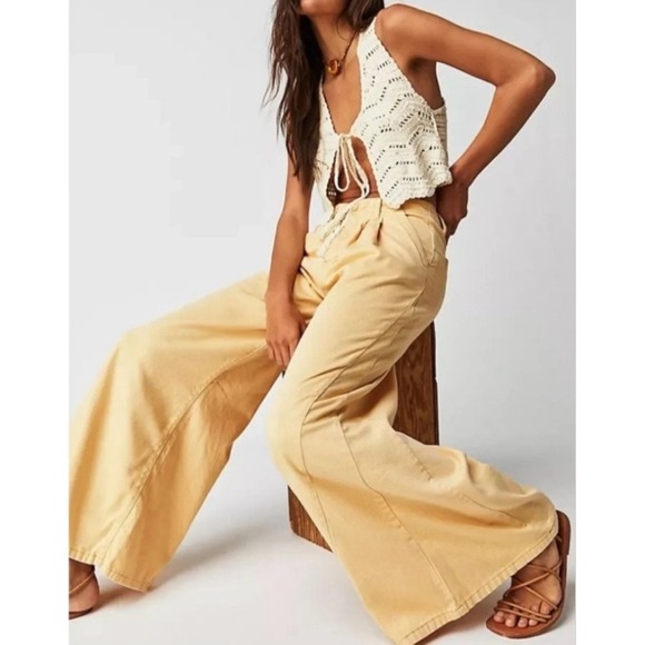Free People Pants - Free People Light As Spring Wide Leg Pleated Pants Straw High Rise Size 2 NEW